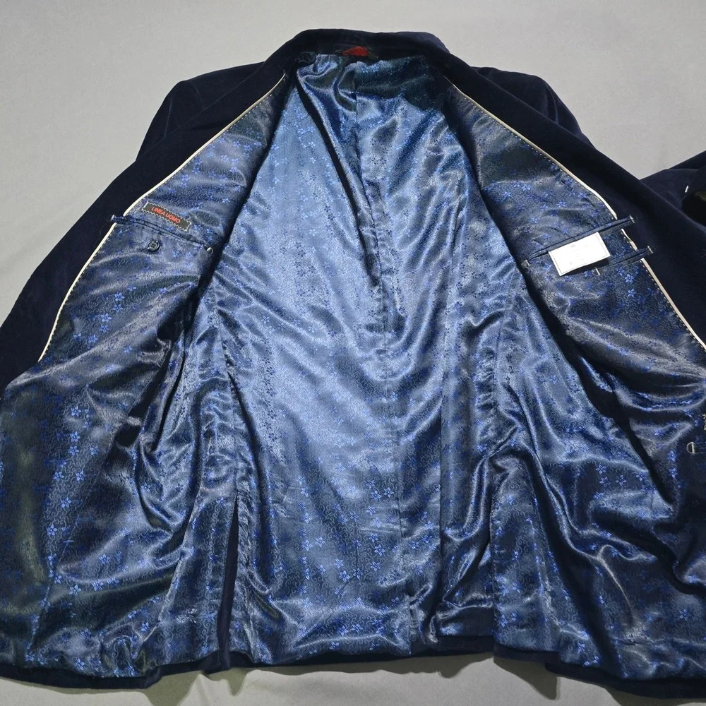 Linea Uomo Velvet Blazer Mens 46L Navy Blue Two Button Floral Lining Long Jacket